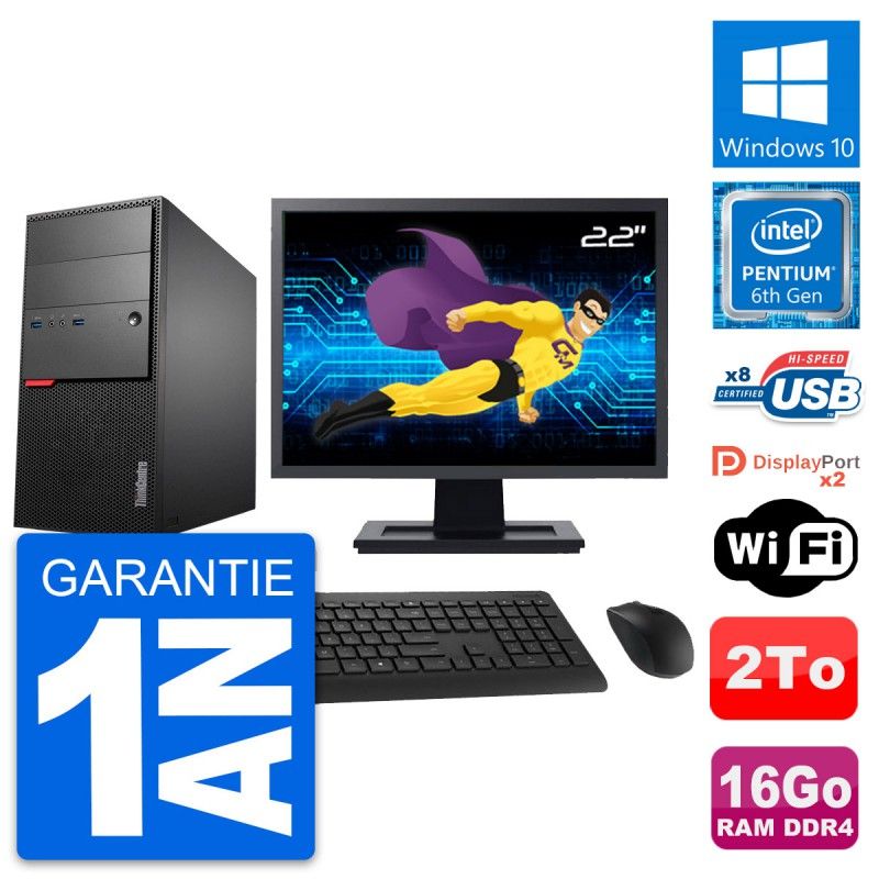 Lenovo ThinkCentre M800 Desktop PC - 22" Screen, Intel Pentium G4400, 16GB RAM, 2TB HDD, Windows 10, WiFi