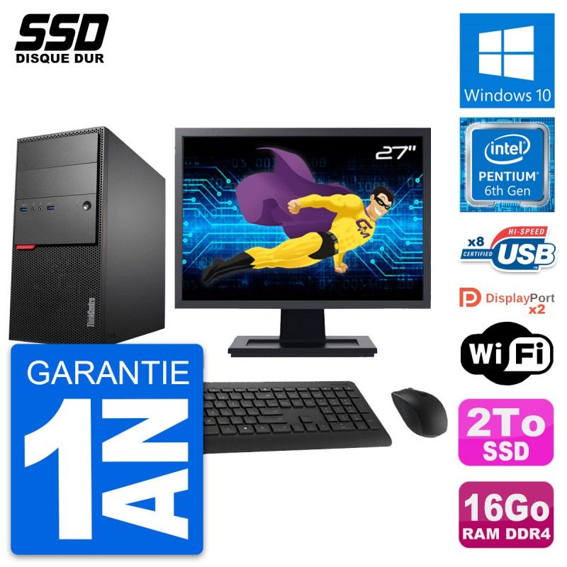Lenovo ThinkCentre M800 Desktop Computer, 27" Screen, Intel Pentium G4400, 16GB RAM, 2TB SSD, Windows 10, WiFi