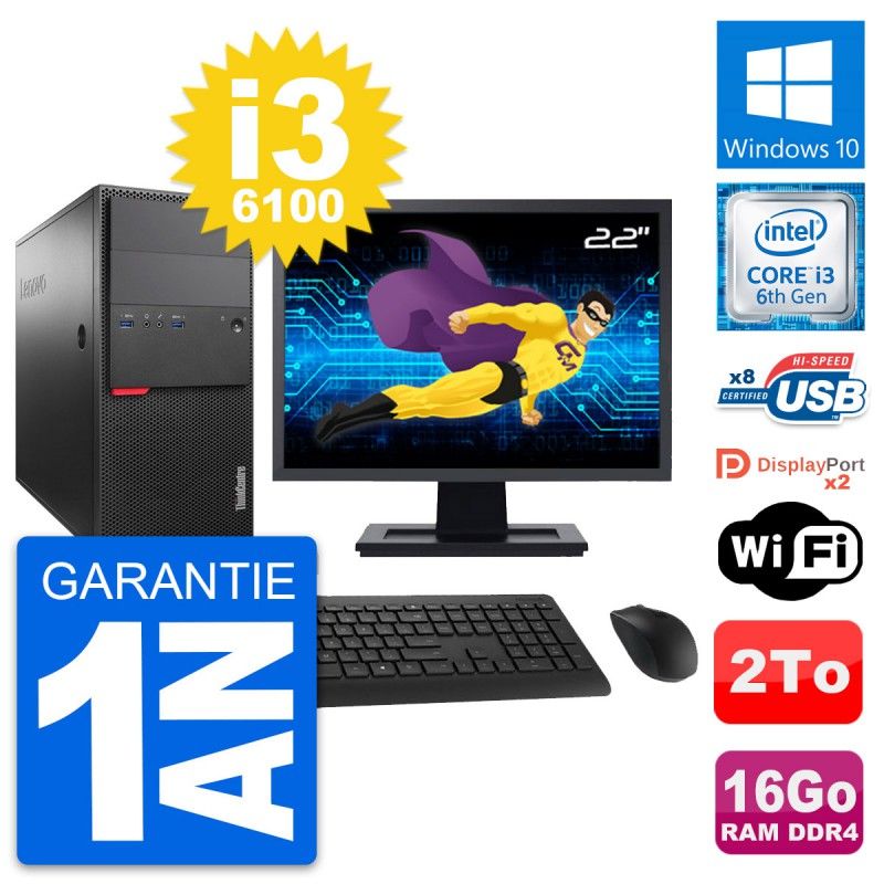 Lenovo M800 Desktop Computer - 22" Screen, Intel i3-6100, 16GB RAM, 2TB Storage, Windows 10, Wifi