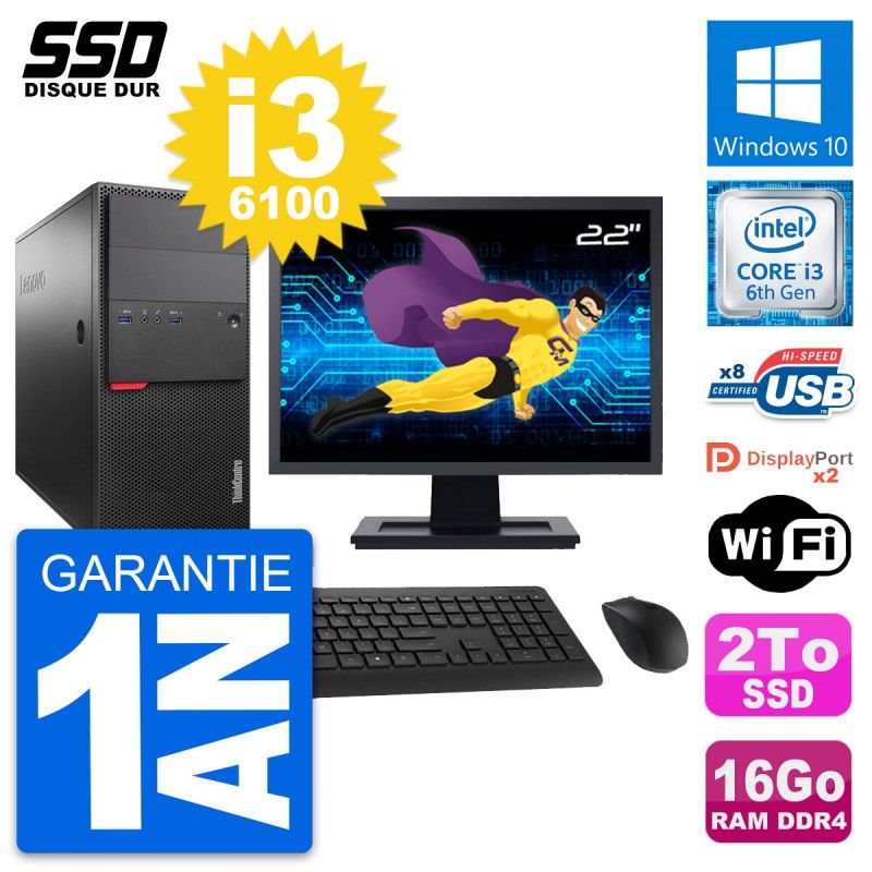 Lenovo M800 Desktop Computer, 22-inch Screen, Intel i3-6100, 16GB RAM, 2TB SSD, Windows 10, WiFi