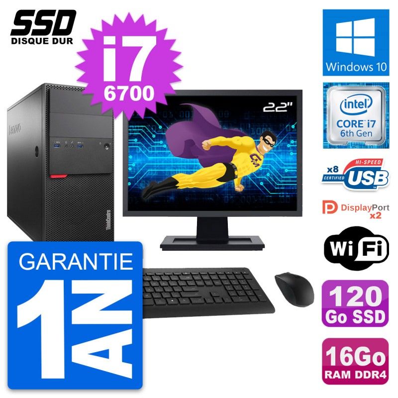 Lenovo M800 Desktop Computer, 22" Screen, Intel i7-6700, 16GB RAM, 120GB SSD, Windows 10, Wifi