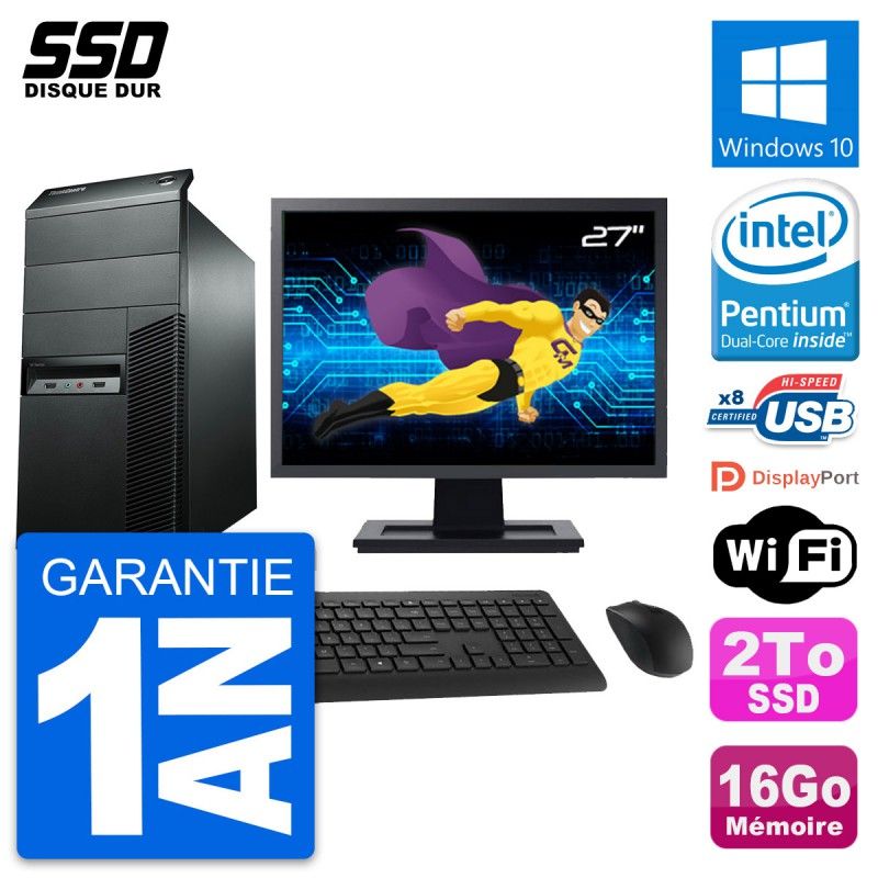 Lenovo ThinkCentre M92p 27" Monitor, Intel Pentium G2020, 16GB RAM, 2TB SSD, Windows 10, WiFi