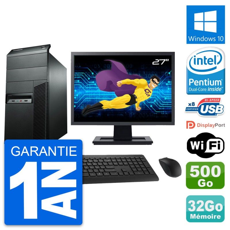 Lenovo M92p Mid Tower PC - 27" Screen, Intel G2020, 32GB RAM, 500GB HDD, Windows 10, WiFi