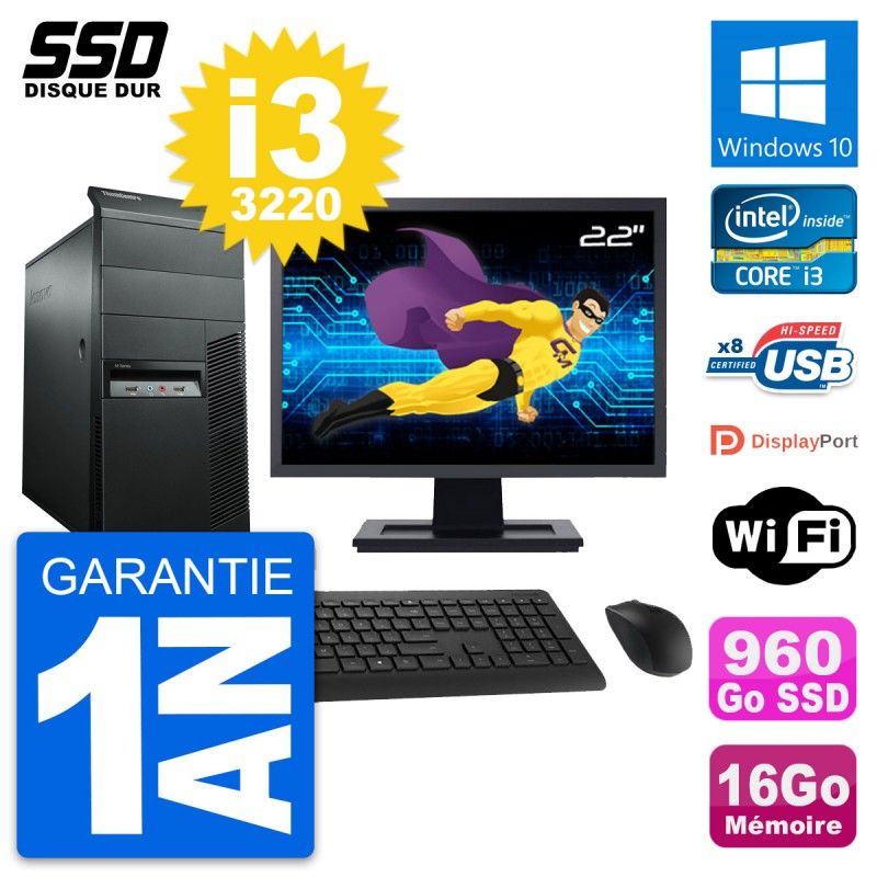 Lenovo M92p 22-inch Desktop PC - Intel i3-3220, 16GB RAM, 960GB SSD, Windows 10, WiFi