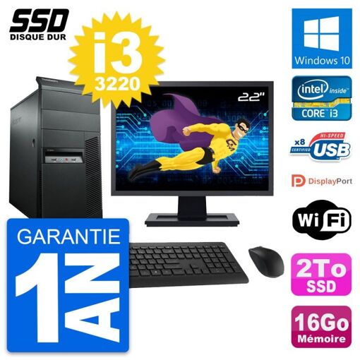 Lenovo M92p Mid Tower PC, 22" Screen, Intel i3-3220, 16GB RAM, 2TB SSD, Windows 10, WiFi