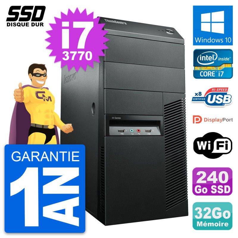 Lenovo ThinkCentre M92p Desktop PC - Intel i7-3770, 32GB RAM, 240GB SSD, Windows 10, WiFi