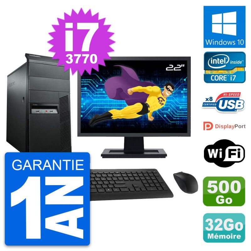 Lenovo M92p Desktop Computer, 22" Screen, Core i7-3770, 32GB RAM, 500GB HDD, Windows 10, WiFi
