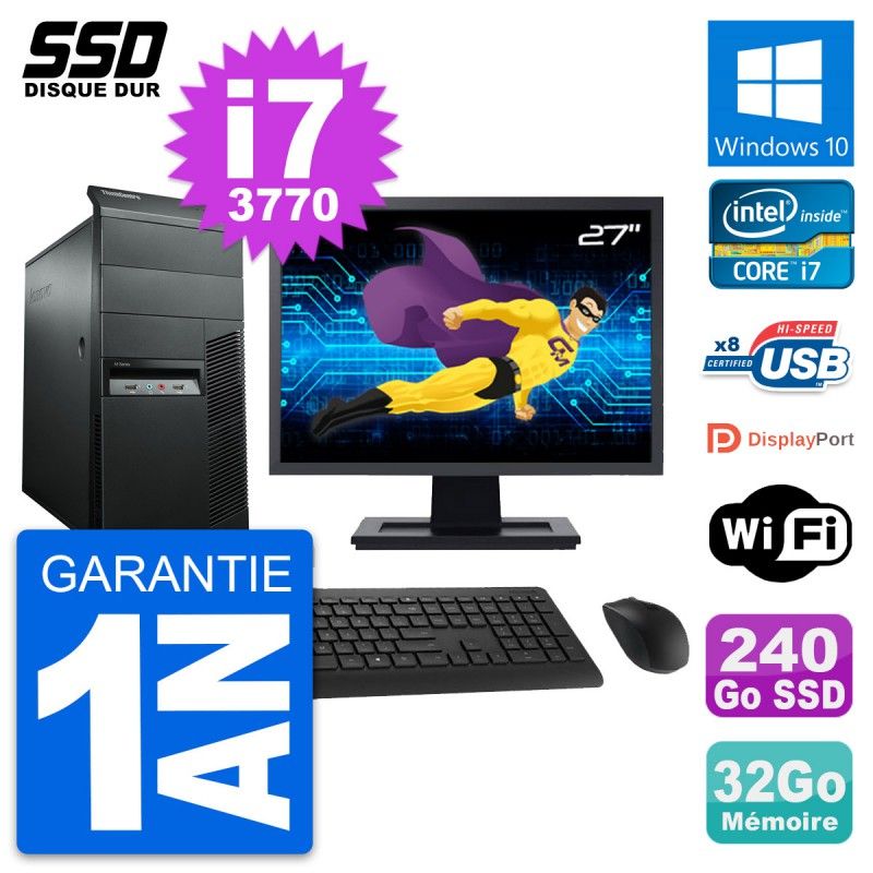 Lenovo M92p Mid Tower PC - 27" Screen, Intel i7-3770, 32GB RAM, 240GB SSD, Windows 10, WiFi