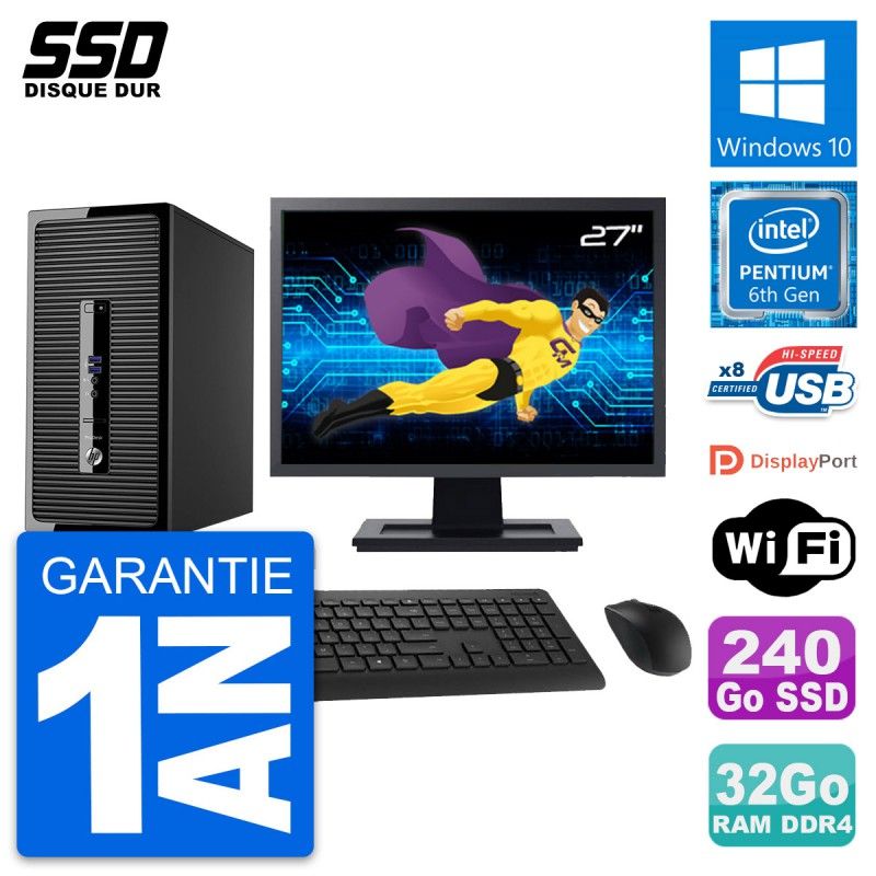 HP ProDesk 400 G3 MT Desktop PC - 27" Screen, Pentium G4400, 32GB RAM, 240GB SSD