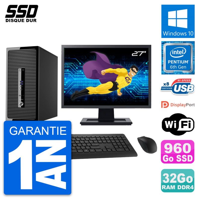 HP ProDesk 400 G3 MT Desktop Computer, 27" Screen, Pentium G4400, 32GB RAM, 960GB SSD, Windows 10, WiFi