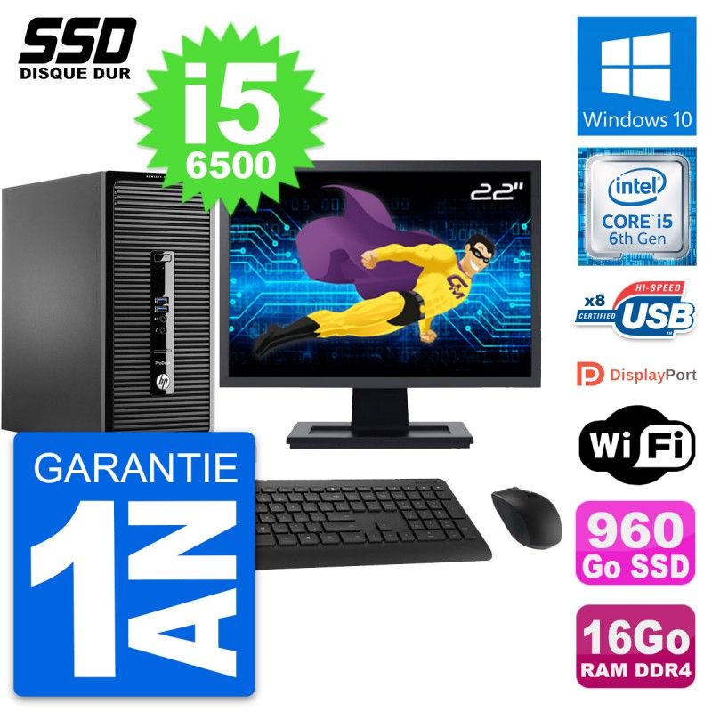 HP ProDesk 400 G3 MT Desktop PC - 22" Screen, Intel i5-6500, 16GB RAM, 960GB SSD, Windows 10, WiFi