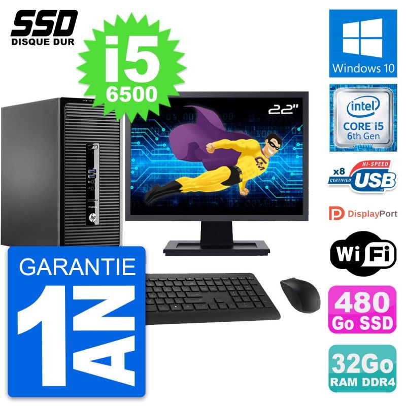 HP ProDesk 400 G3 MT Desktop PC - 22" Screen, Intel i5-6500, 32GB RAM, 480GB SSD, Windows 10, WiFi