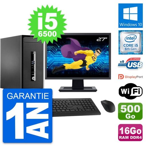 Ordinateur de bureau HP ProDesk 400 G3 MT - Écran 27", Intel Core i5-6500, 16 Go RAM, 500 Go HDD