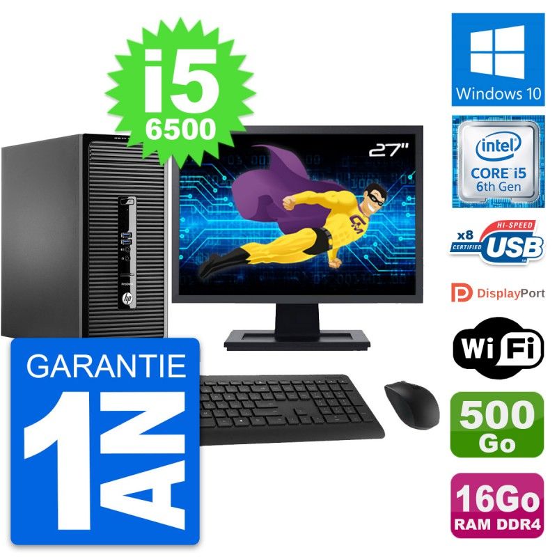 HP ProDesk 400 G3 MT Desktop PC - 27" Screen, i5-6500, 16GB RAM, 500GB HDD