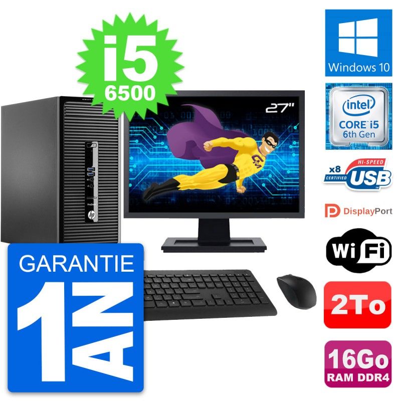 HP ProDesk 400 G3 MT Desktop PC - 27" Screen, Intel i5-6500, 16GB RAM, 2TB Storage, Windows 10