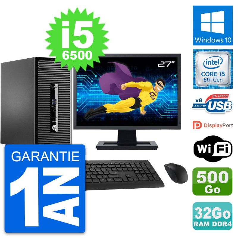 HP ProDesk 400 G3 MT Desktop PC, 27" Screen, i5-6500, 32GB RAM, 500GB HDD
