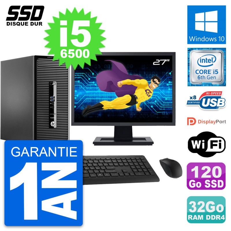 HP ProDesk 400 G3 MT Desktop PC, 27" Screen, Intel i5-6500, 32GB RAM, 120GB SSD, Windows 10, Wi-Fi