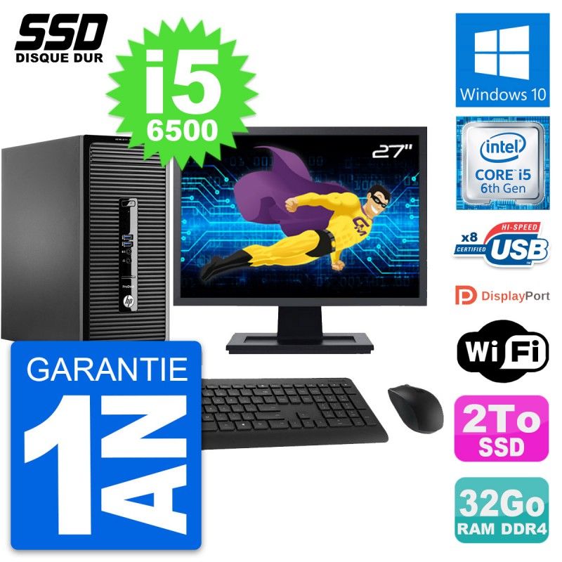 HP ProDesk 400 G3 MT Desktop PC - 27" Screen, i5-6500, 32GB RAM, 2TB SSD, Windows 10, WiFi