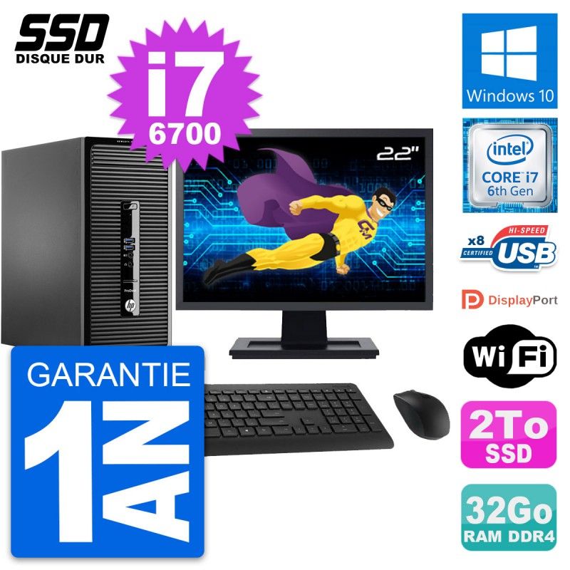 HP ProDesk 400 G3 MT Desktop PC - 22" Screen, i7-6700, 32GB RAM, 2TB SSD, Windows 10, Wifi