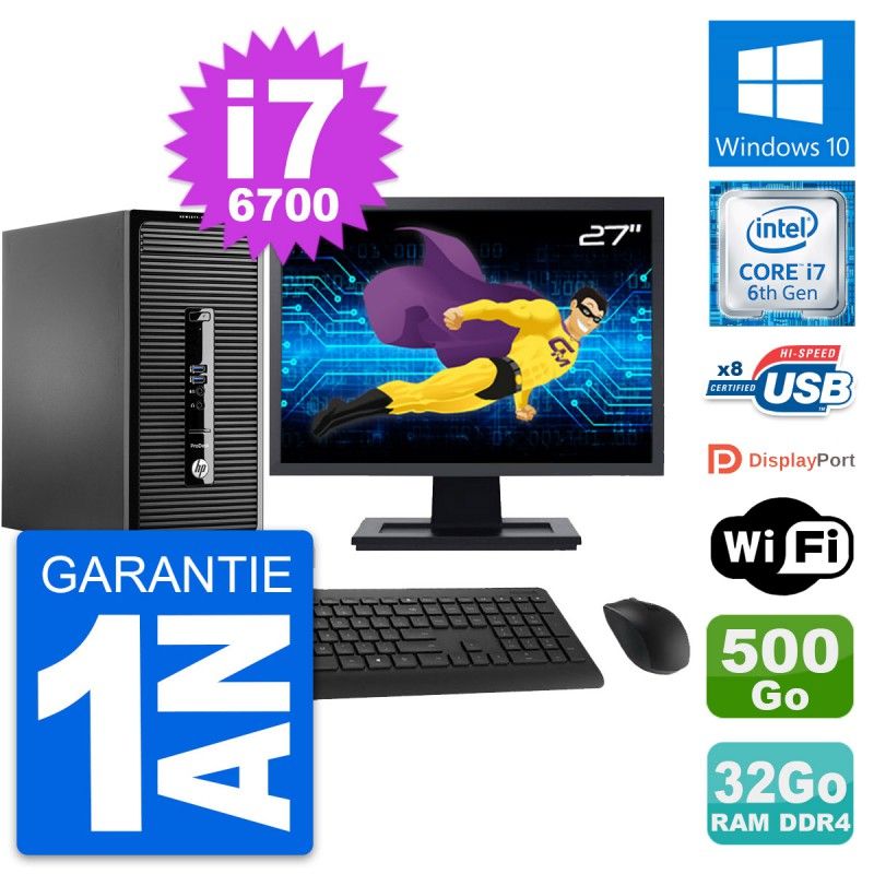 HP ProDesk 400 G3 MT Desktop PC - 27" Screen, i7-6700, 32GB RAM, 500GB HDD, Windows 10, WiFi