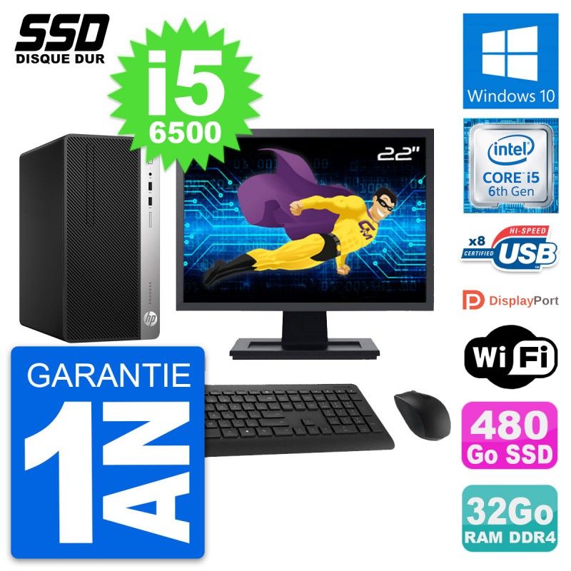 HP ProDesk 400 G4 MT Desktop PC - 22" Screen, Intel i5-6500, 32GB RAM, 480GB SSD, Windows 10, Wifi