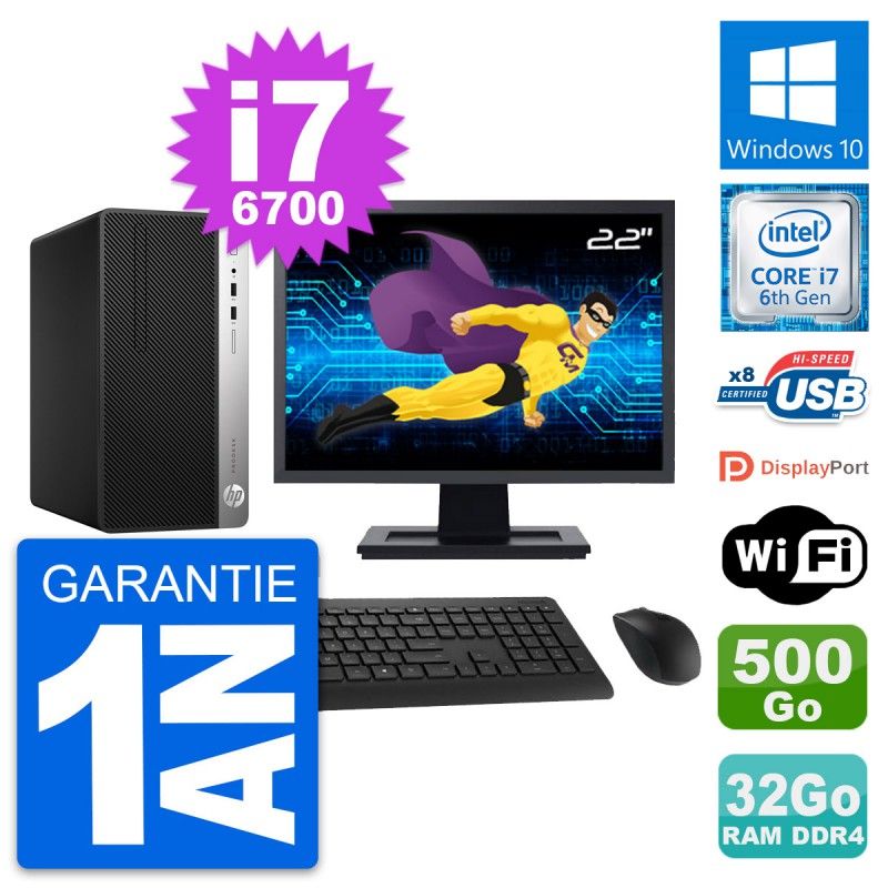 HP ProDesk 400 G4 MT Desktop PC - 22" Screen, i7-6700, 32GB RAM, 500GB Hard Drive, Windows 10, WiFi