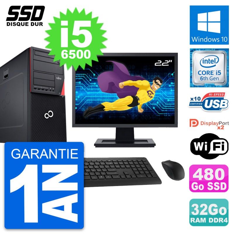 Fujitsu P756 22-inch PC Tower - Intel i5-6500, 32GB RAM, 480GB SSD, Windows 10, WiFi