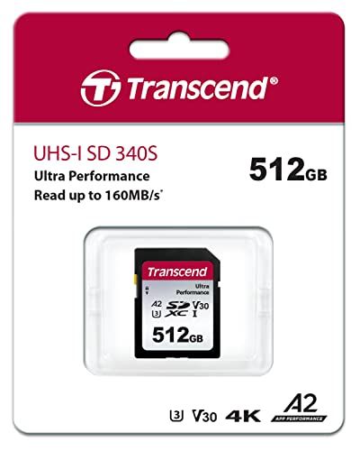 Tarjeta de memoria flash Transcend 340S - 512 GB - Clase A2 / Clase de vídeo V30 / UHS-I U3 - SDXC UHS-I