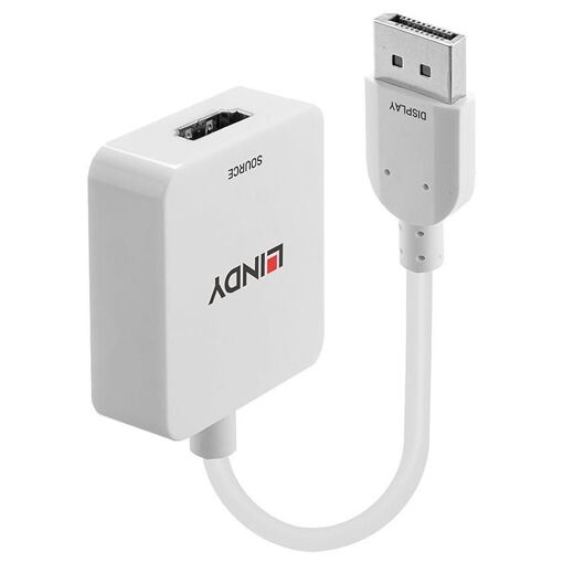 Câble vidéo/audio Lindy - HDMI vers DisplayPort Mascul, Jack DC 3,5 mm x 1,35 mm Femelle - 9,5 cm - Blanc