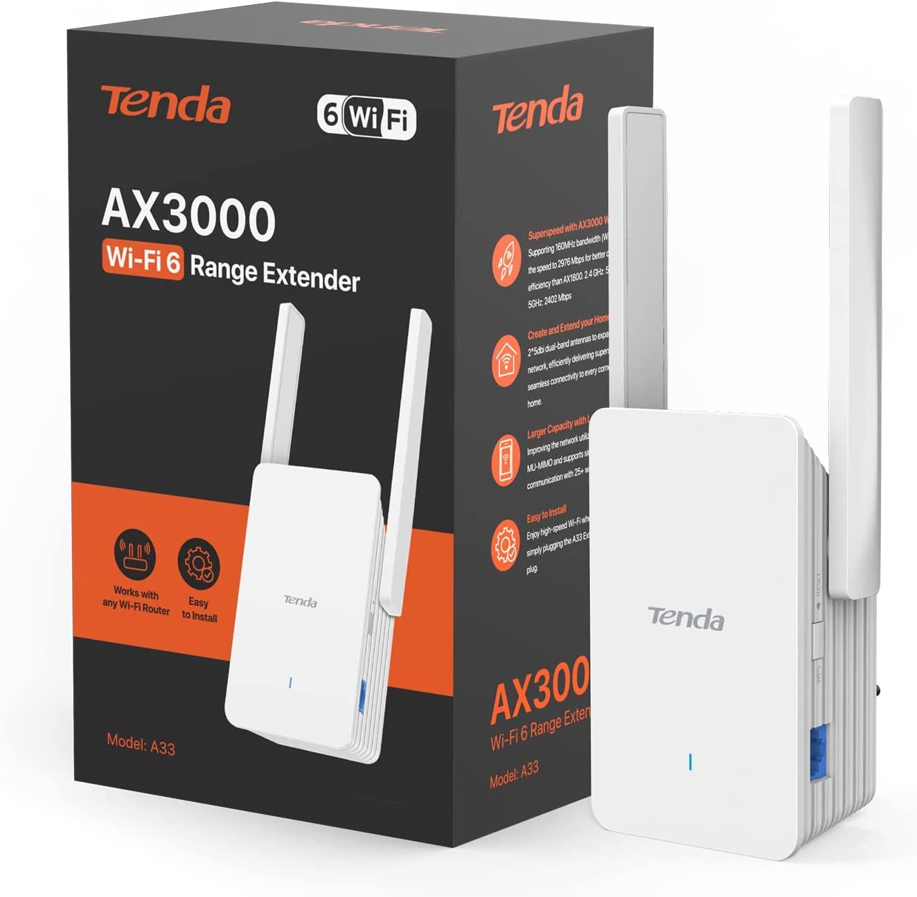 Repetidor Wi-Fi 6 Tenda A33 con Puerto Ethernet, 2 Antenas de 5dBi, Configuración Fácil