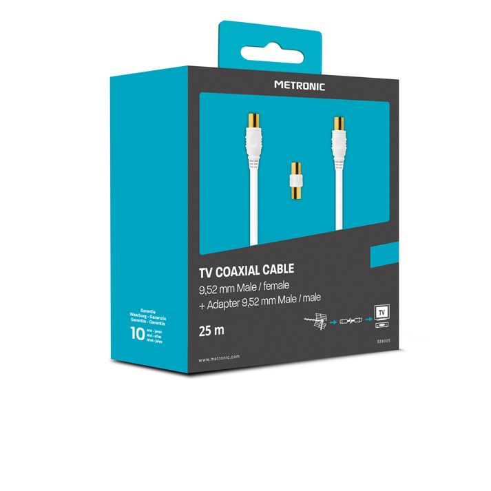 Metronic Coaxial TV Cable 9.52mm Male/Female + Male/Male Adapter 25m - White