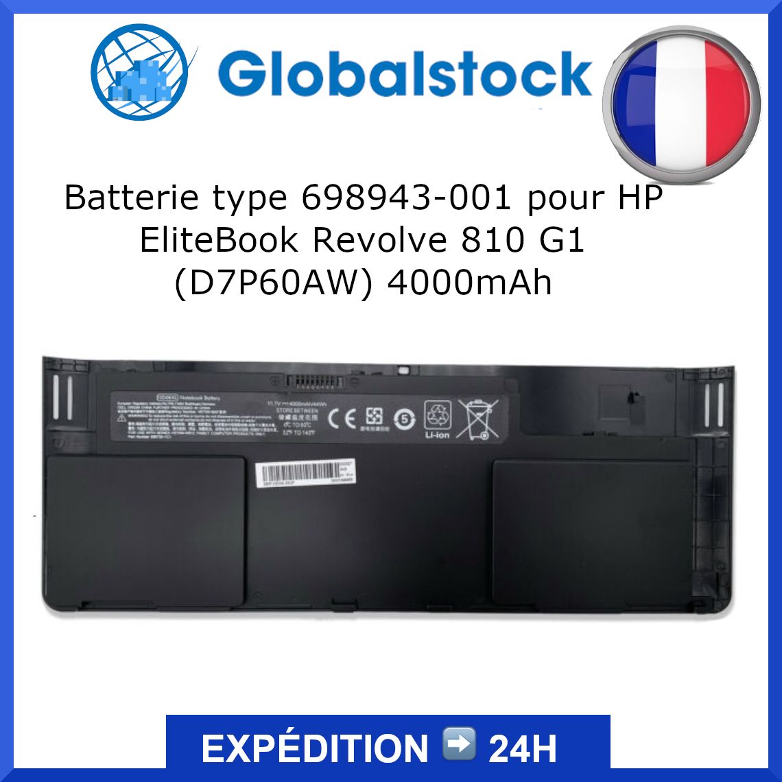 Globalstock Battery for HP EliteBook Revolve 810 G1, 4000mAh, Type 698943-001 (D7P60AW)