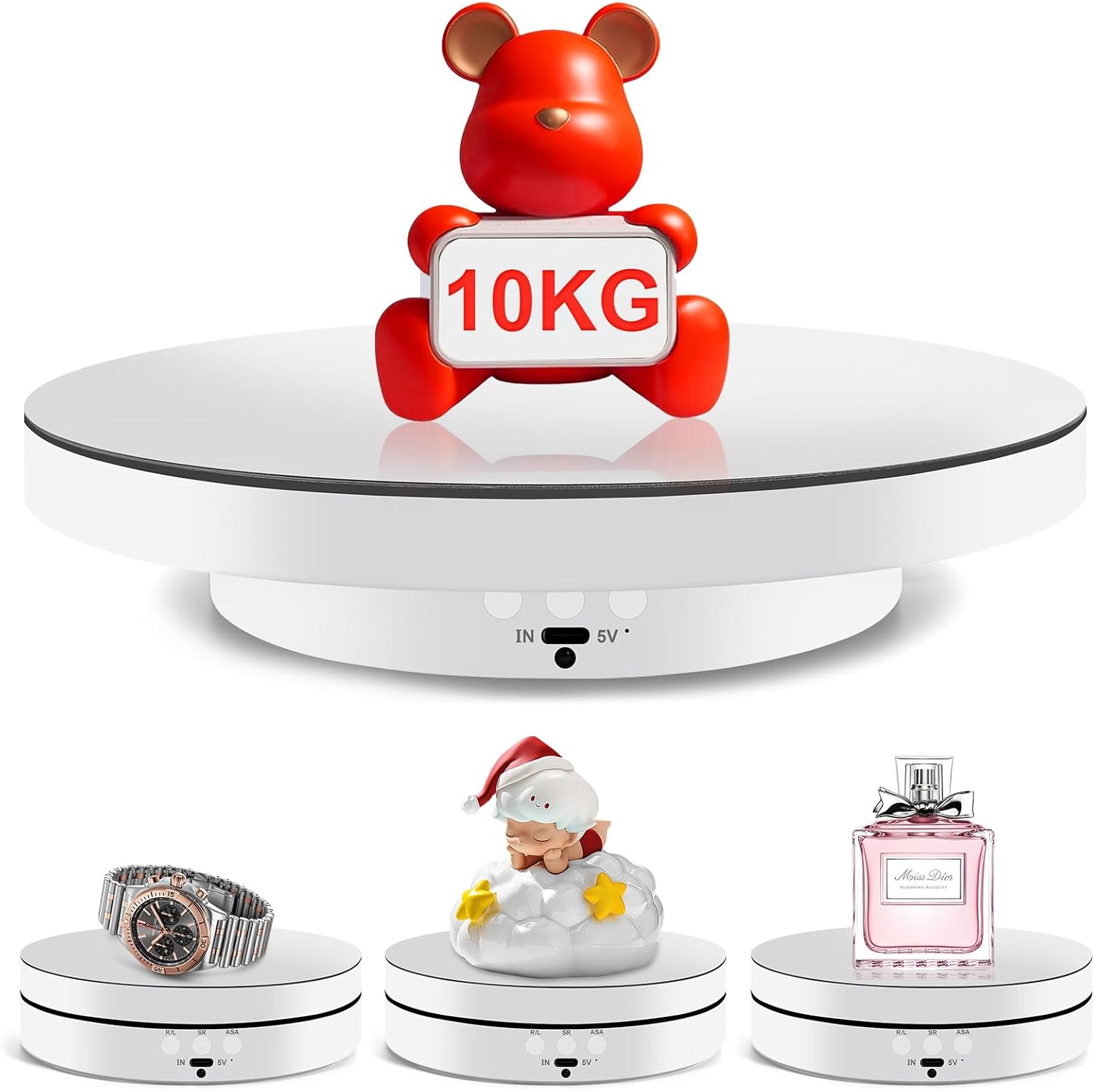 YGVQN Electric Rotating Platform, 360° Motorized Display for Jewelry, Watches, Digital Products, with 2 Back Panels and Remote Control, Ideal for Videos and Social Media - White