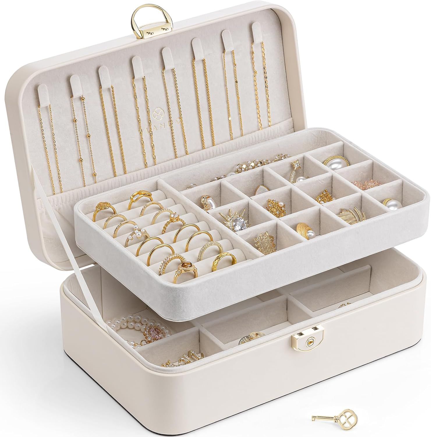 Vlando Lockable Double-Layer Jewelry Box for Rings, Earrings, Bracelets, Necklaces - Light Yellow