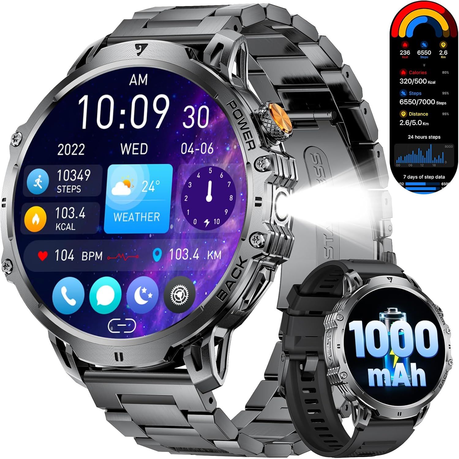 Lige Men's Smartwatch with 1850 HD Touchscreen and LED Light, Heart Rate and Sleep Monitor, 110+ Sports Modes, IP68 Waterproof Android iOS, Black
