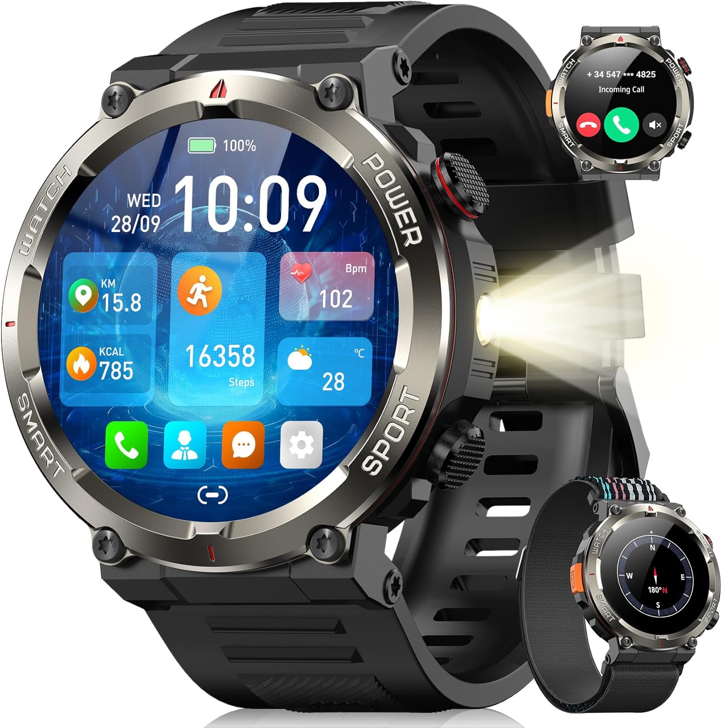 Blackview Men's Smartwatch, Illumination, 100-Day Battery Life, 1.45" TFT Touch Screen, Bluetooth Calling, Heart Rate Monitor, Sleep Analysis, Over 100 Sports Modes, IP68 Waterproof for iOS Android