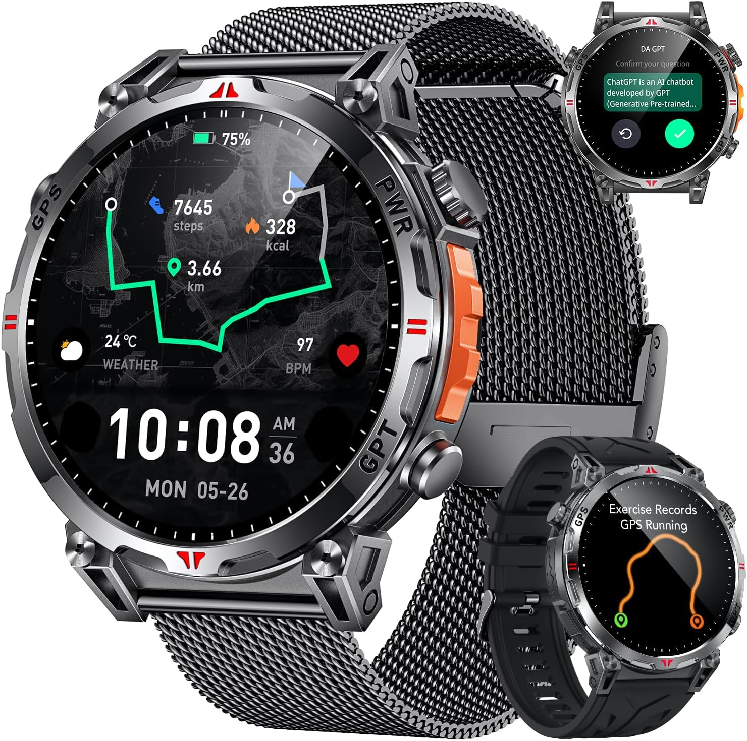 NONGAMX GPS Smartwatch for Men with Compass: GPT AI Assistant 1.70" AMOLED Barometer Altimeter Dial AI Call Bluetooth 650mAh Battery 120+ Sport Modes Heart Rate Monitor Waterproof