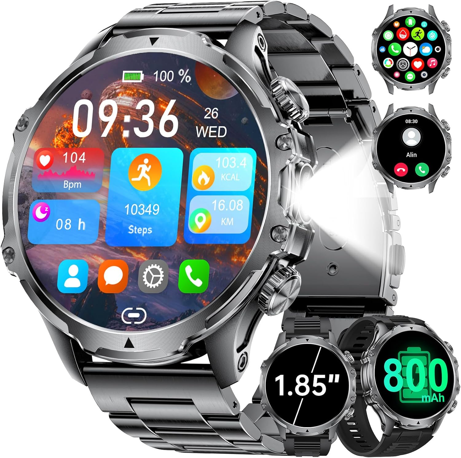 Lige Men's Smartwatch with 1.85'' HD Screen and LED Torch, 800mAh Battery, Waterproof IP68, 24-Hour Heart Rate Monitor, 110+ Sports Modes