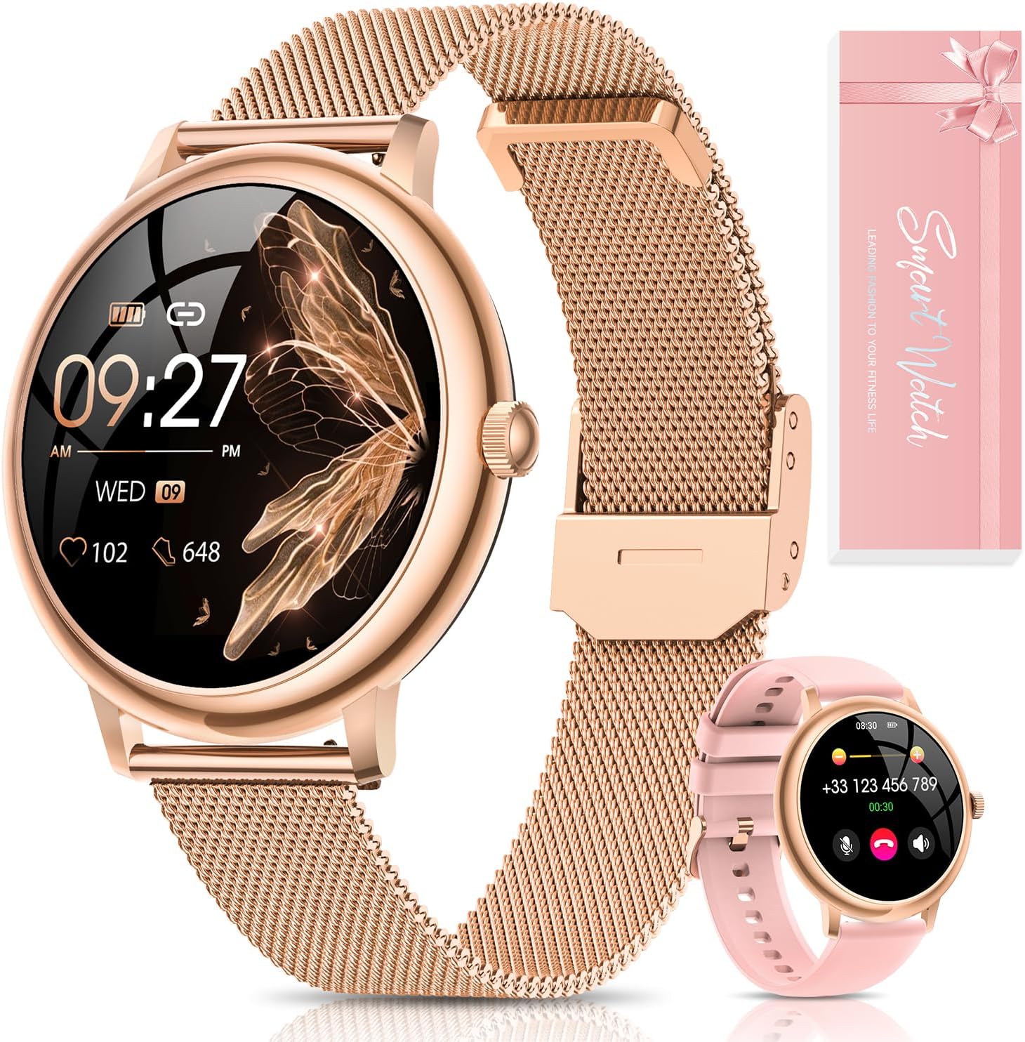 RUXINGX Women's Smartwatch, Small Round AMOLED Touchscreen with Calls, Female Sleep Frequency Heart Rate SpO2 120+ Sport Modes Podometer IP68 Calories, Android iOS Compatible