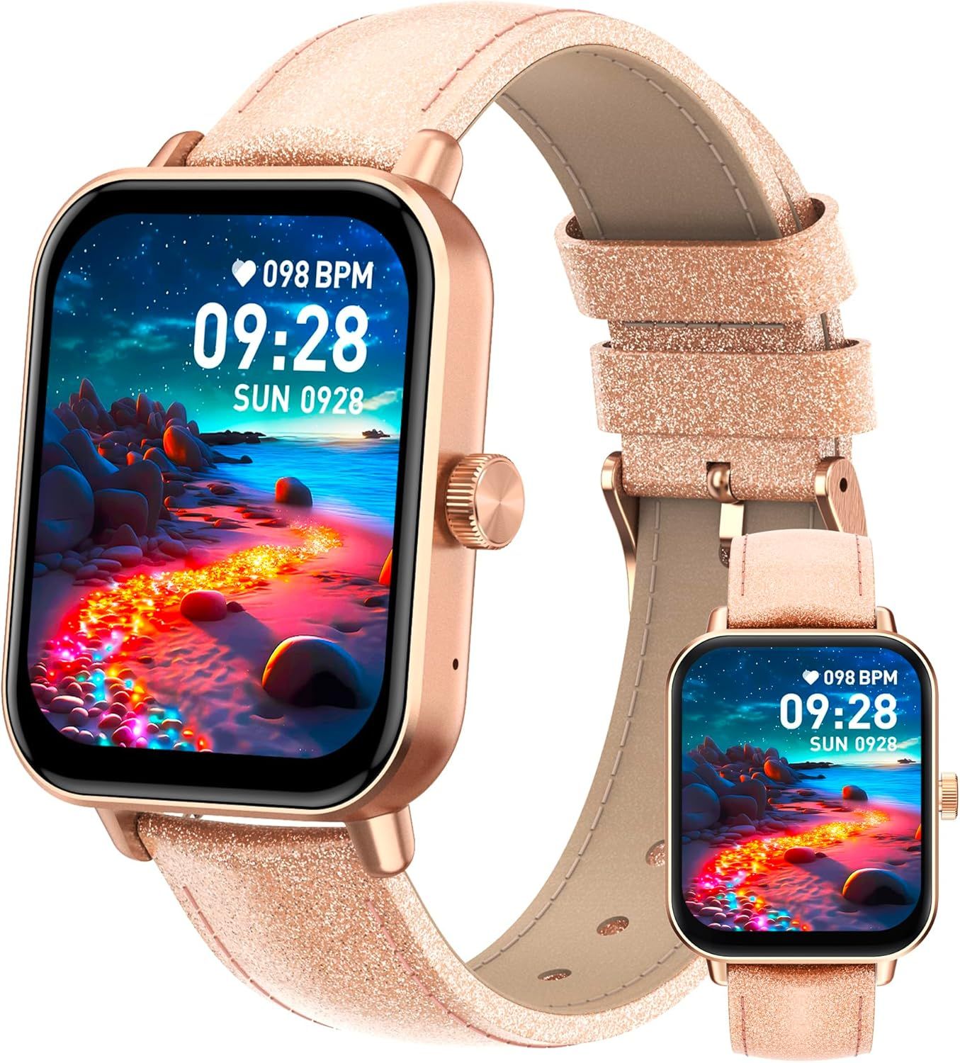 DIGITEC Square Smartwatch, Rose Gold with Sparkling Pink Leather Strap, Women's, Activity and Sleep Tracking