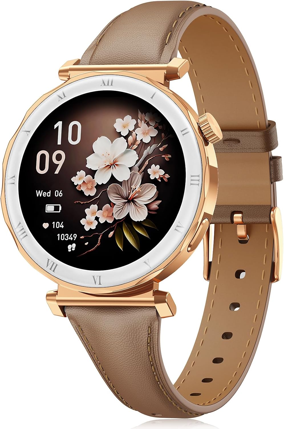 BOALZETD Women's Smartwatch - Elegant Slim Wristband with 1.19" AMOLED Screen, Fine Leather Bracelet, Heart Rate/SpO2/Sleep Monitor for iOS/Android, Rose Gold/Marron