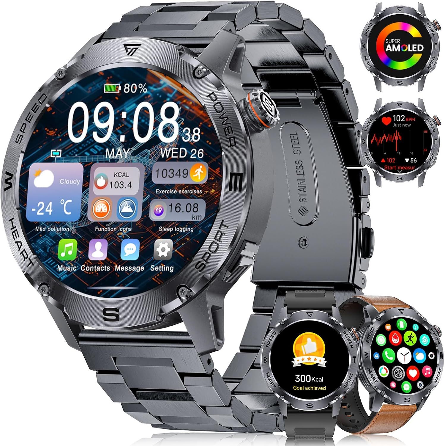 FITFLEX Men's Smartwatch with Bluetooth Calls: 1.43'' AMOLED Screen Sport Watch for Men with 120 Sports Modes, IP68 Waterproof Fitness Tracker with Heart Rate/Sleep Monitor