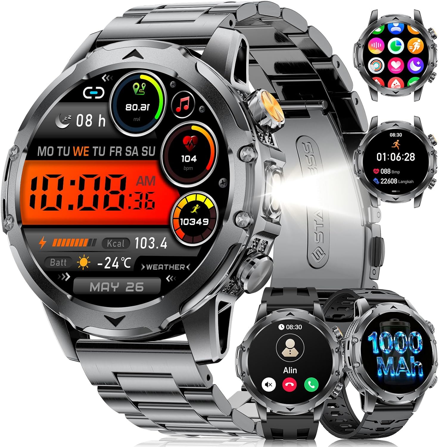 FitVigor EF23 Men's Smartwatch with 1000mAh Battery, 3 Bracelets, 1.53'' HD Screen, LED Light, Heart Rate & Sleep Monitor, 110+ Sports Modes (Android/iOS)