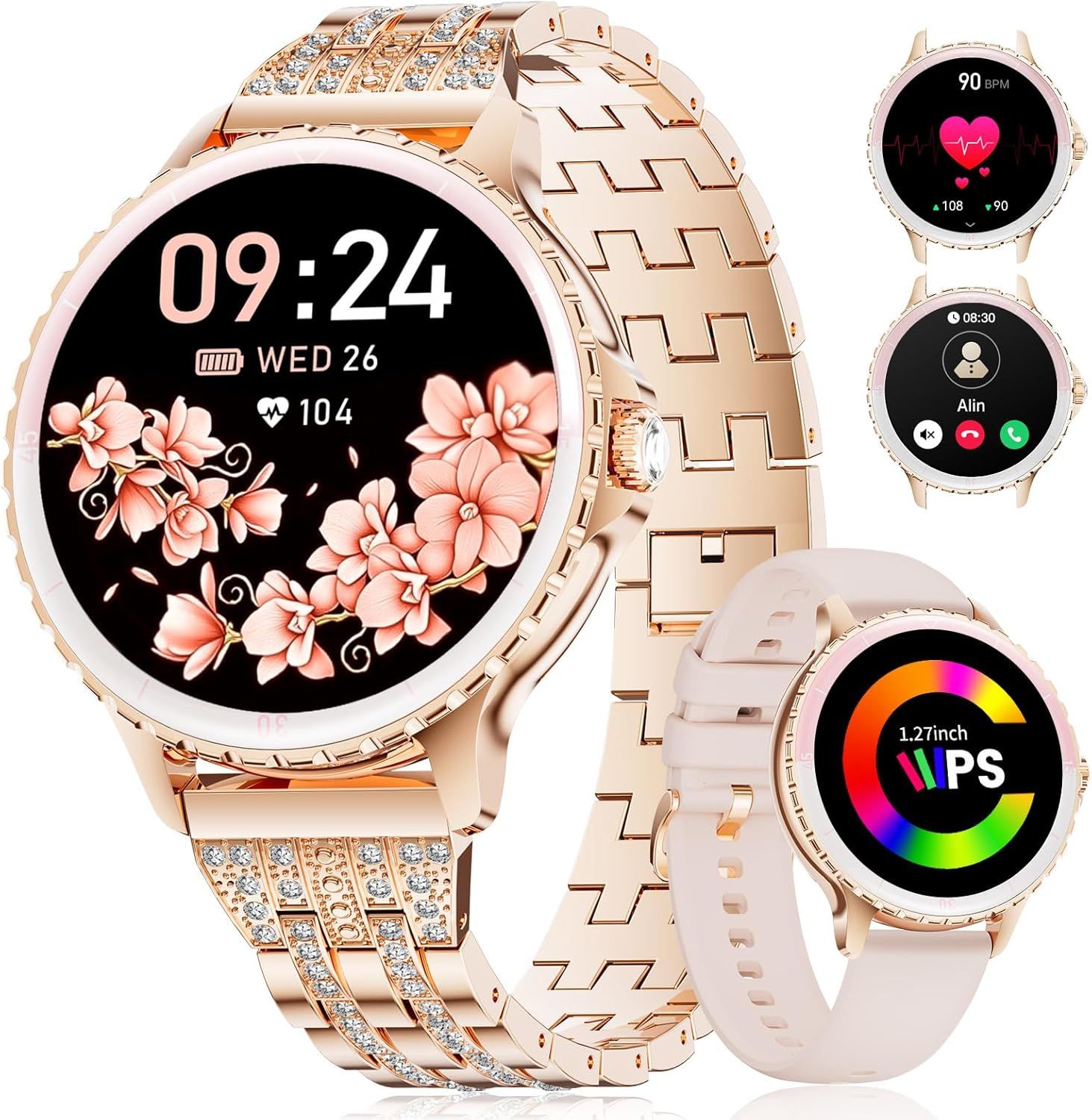 Lige Women's Smartwatch, 1.27" HD Round Steel Diamond Watch, Heart Rate Monitor, Sleep Tracker, Step Counter, Calorie Burner