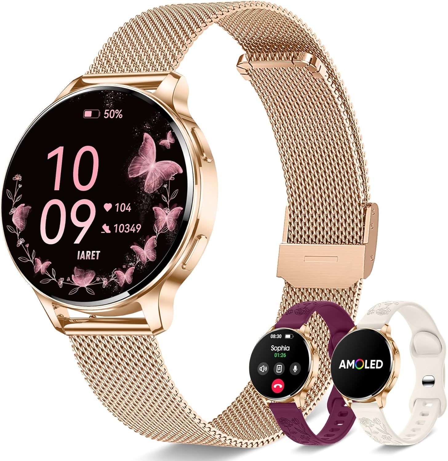 Iaret Women's Smartwatch with 3 Interchangeable Bands, 1.27" AMOLED Always-On Display, Bluetooth Calling, Over 120 Sport Modes, SpO2/Heart Rate/Sleep Tracking, Round Android iOS Gift (Rose Gold)