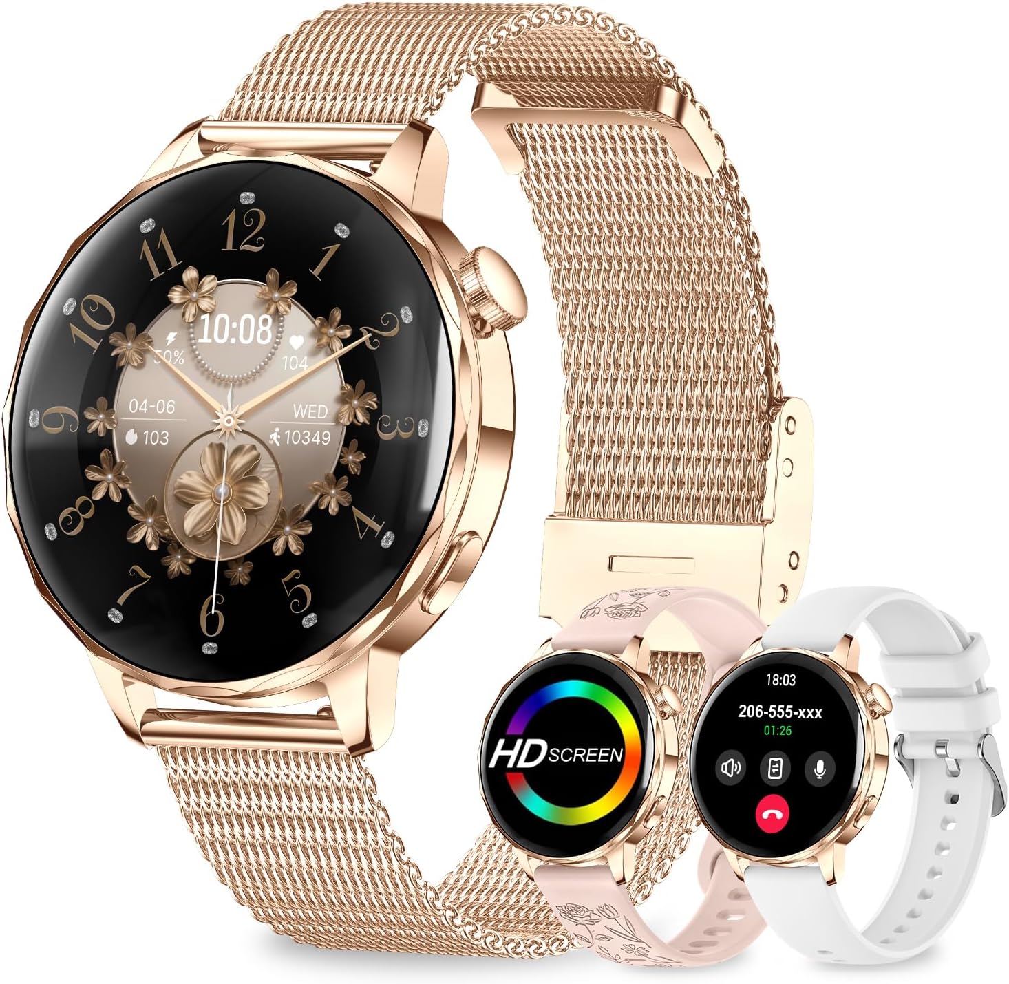 Fitonyo Women's Smartwatch with Bluetooth Calling, 3 Bands, 1.27" Curved Screen, Activity Tracker with Heart Rate/Steps/Calories/Blood Pressure/Sleep for Android/iOS