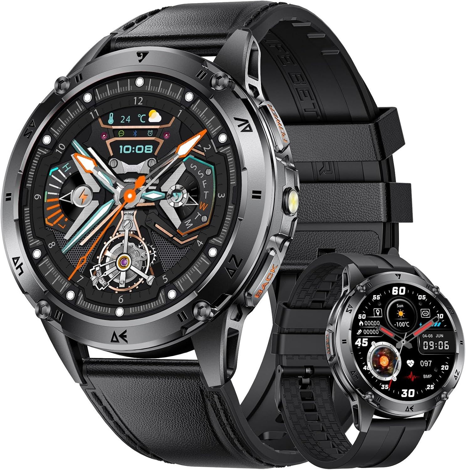 FITFLEX Men's Smartwatch with Bluetooth Calling, 1.43'' AMOLED Display, Flashlight, 530mAh Battery, Sleep Monitor, IP68 Waterproof, 120+ Sport Modes for Android iOS