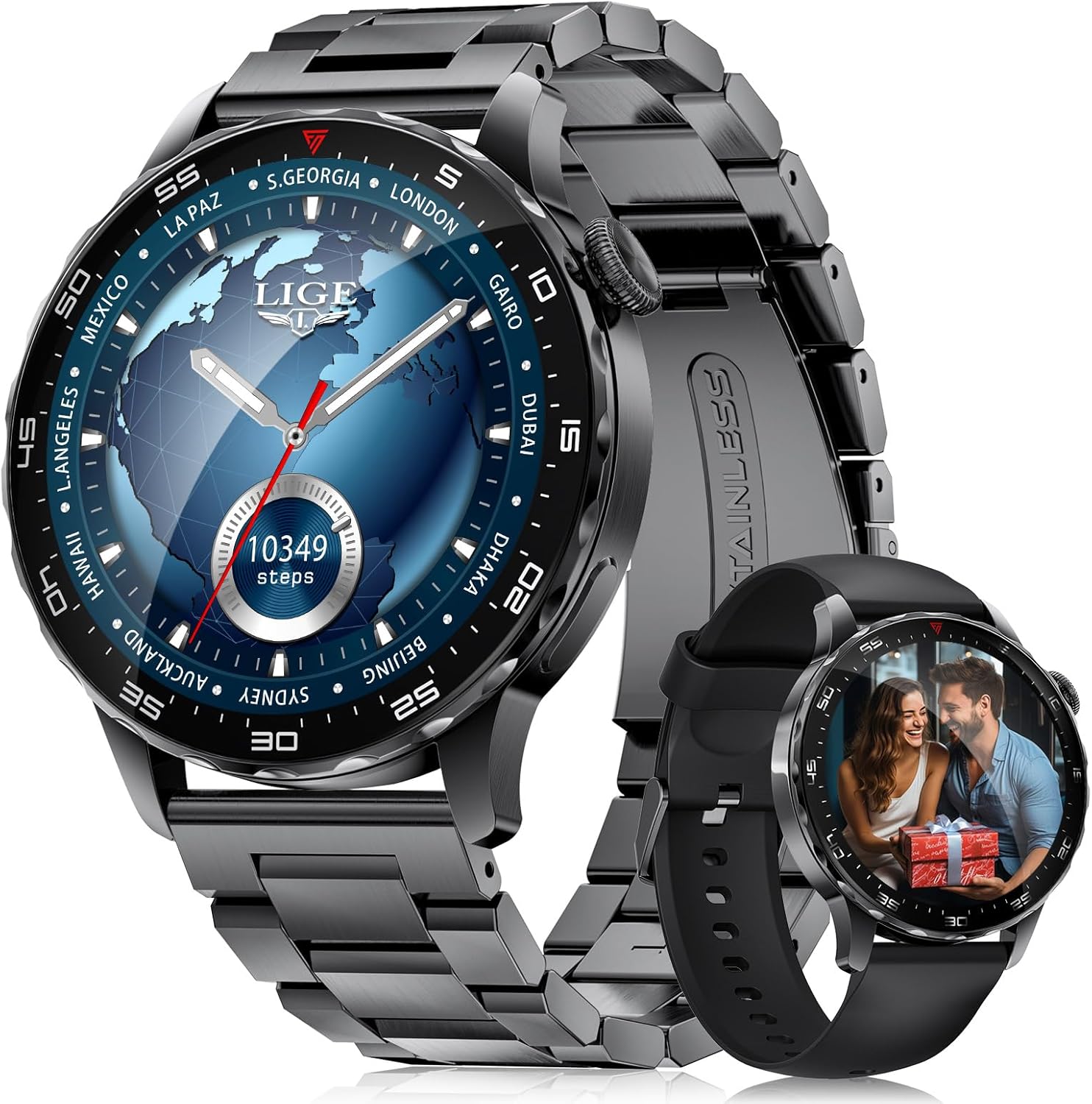Reloj inteligente Lige para hombres con llamadas Bluetooth, batería de 750 mAh, pantalla AMOLED de 1,43 pulgadas, frecuencia cardíaca las 24 horas, seguimiento del sueño, SpO2, 123 modos deportivos, resistente al agua IP68 para Android e iOS