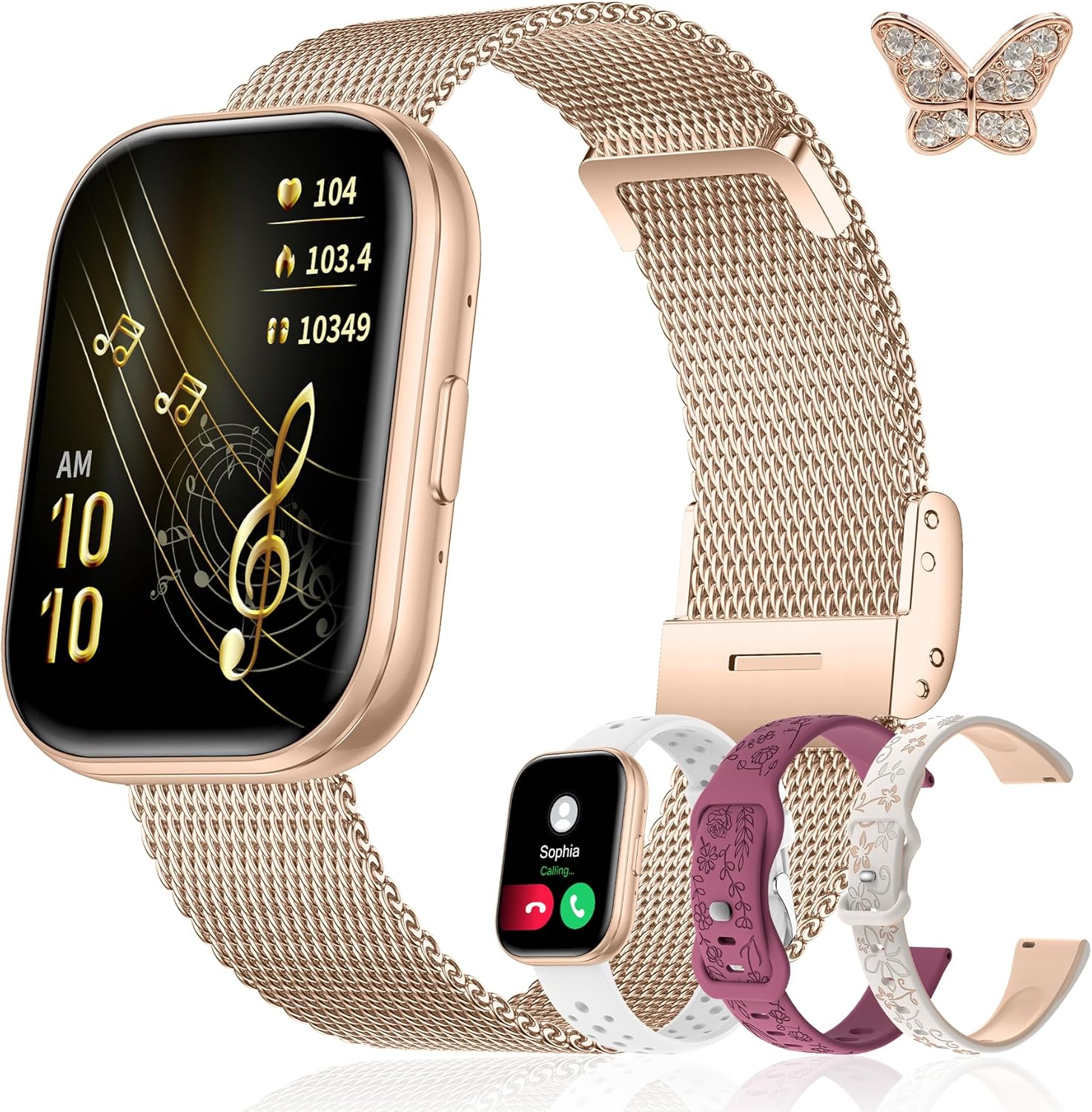 Set de regalo de reloj inteligente Iaret para mujer, 4 brazaletes y colgante de mariposa, pantalla de 1,75'', llamadas Bluetooth, seguimiento de frecuencia cardíaca y sueño, 120+ modos deportivos, compatible con iPhone