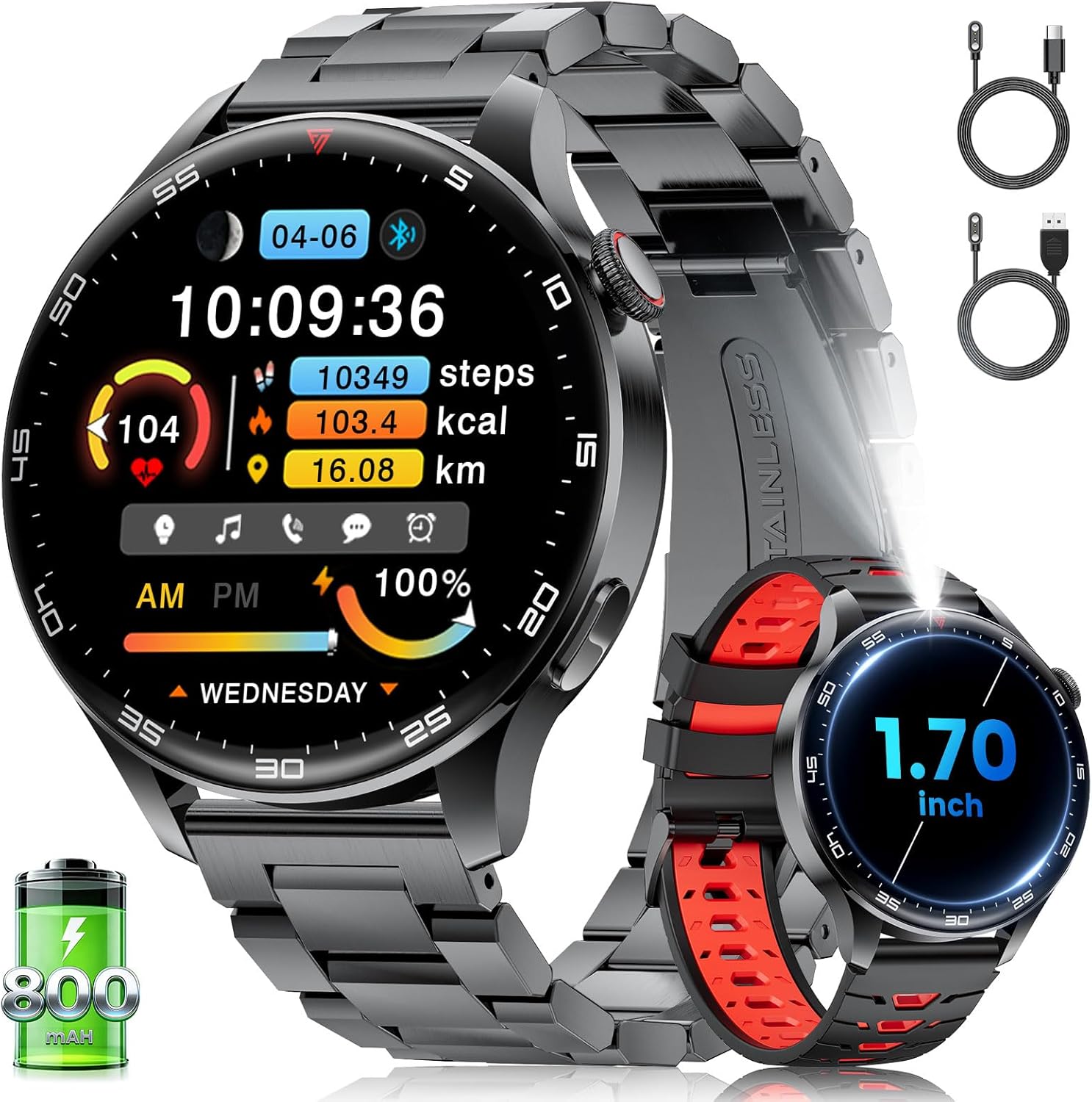 CHOOSETIME Men's Smartwatch with Bluetooth Calls, 1.7" HD Screen, IP68 Waterproof, 800mAh Battery, Heart Rate Monitor, Sleep Tracker for Android/iOS